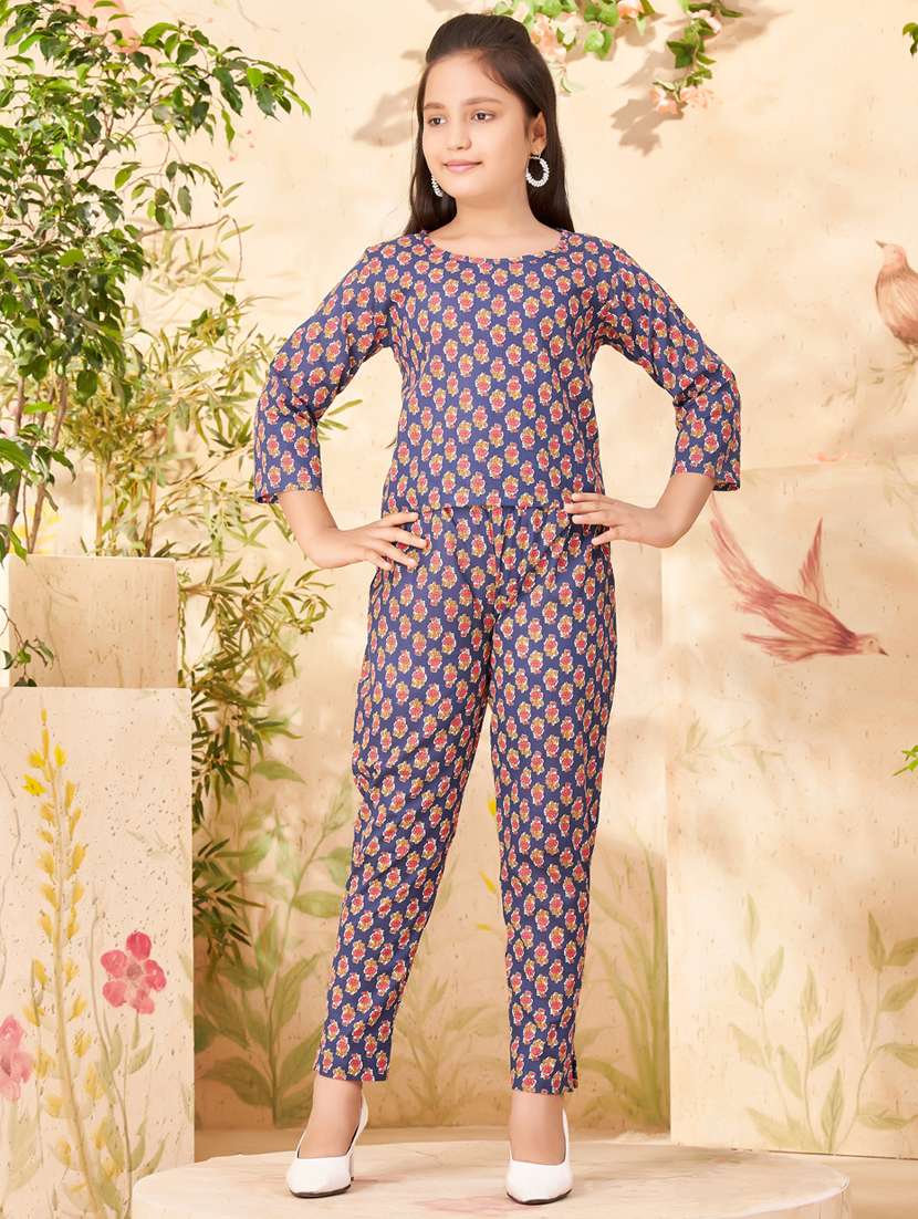 girls printed full length twin set