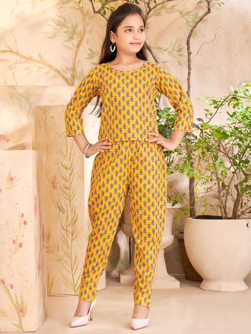 girls printed full length twin set