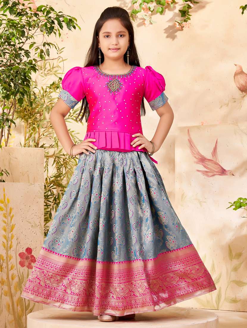 girls self design silk lehenga choli