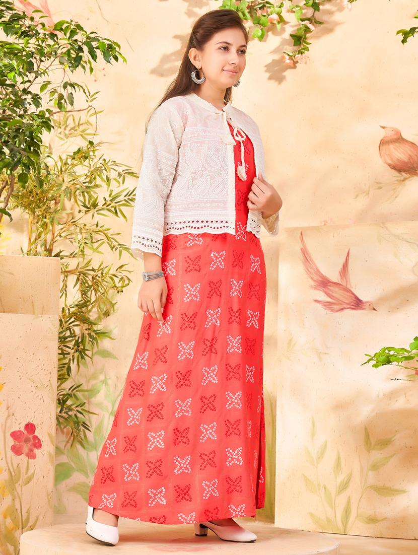 girls orange printed kurta with jacket - 21462224 - Standard Image - 1
