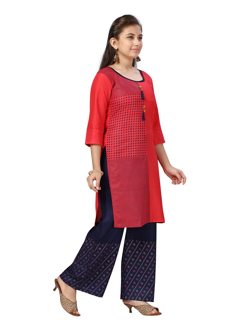 girls red cotton kurta pant suit set - 21462571 - Standard Image - 1