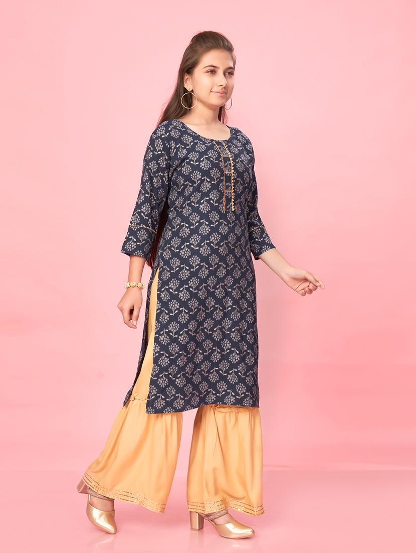girls navy blue cotton kurta sharara suit set - 21462576 -  Standard Image - 1