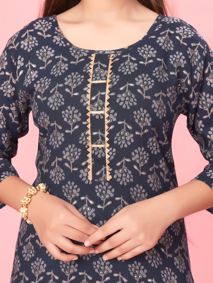 girls navy blue cotton kurta sharara suit set - 21462576 - Standard Image - 4