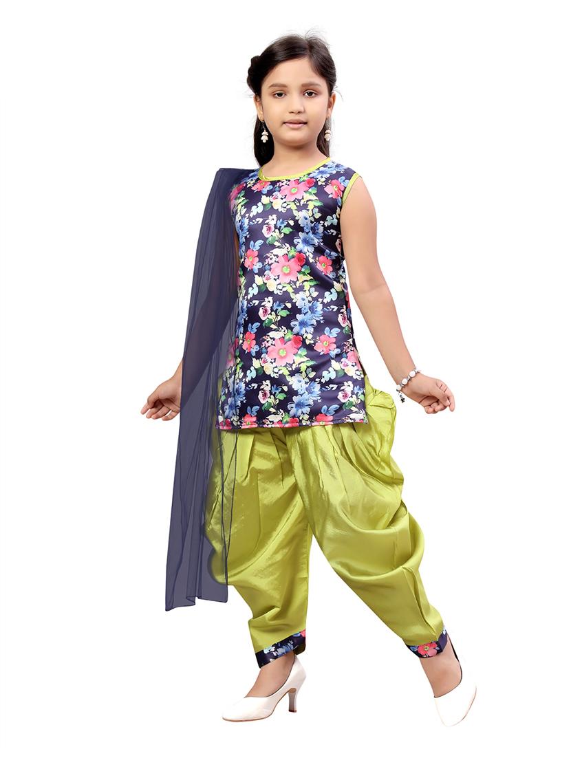 girls navy blue silk blend kurta salwar suit set - 21462584 -  Standard Image - 1