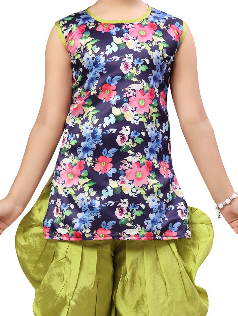 girls navy blue silk blend kurta salwar suit set - 21462584 - Standard Image - 4