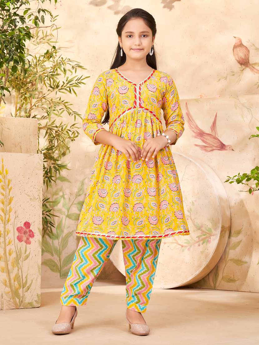 girls yellow cotton kurta pant suit set