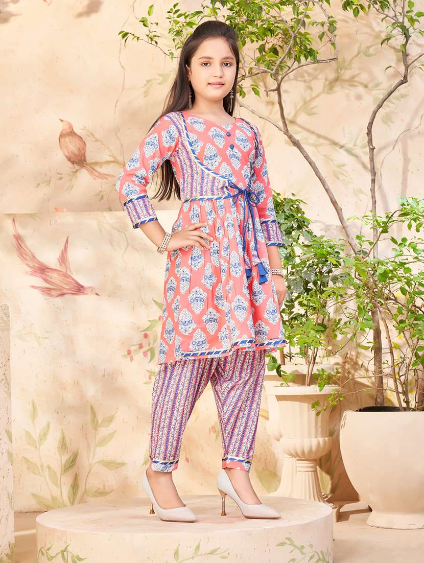 girls peach cotton kurta pant suit set - 21462605 -  Standard Image - 1