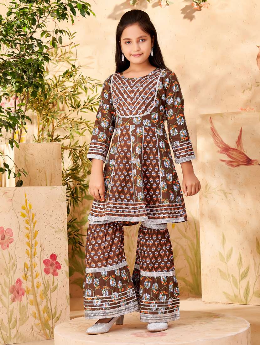 girls brown cotton kurta sharara suit set - 21462643 -  Zoom Image - 0