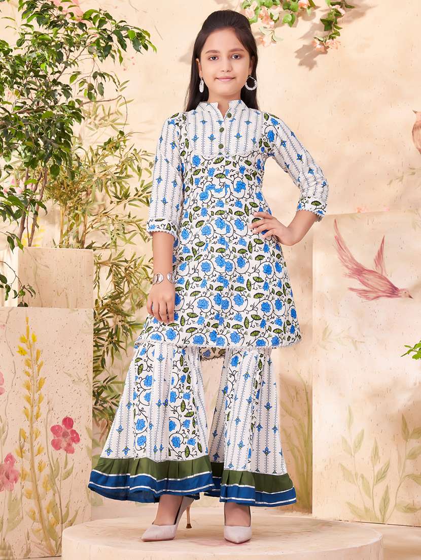girls white cotton kurta sharara suit set