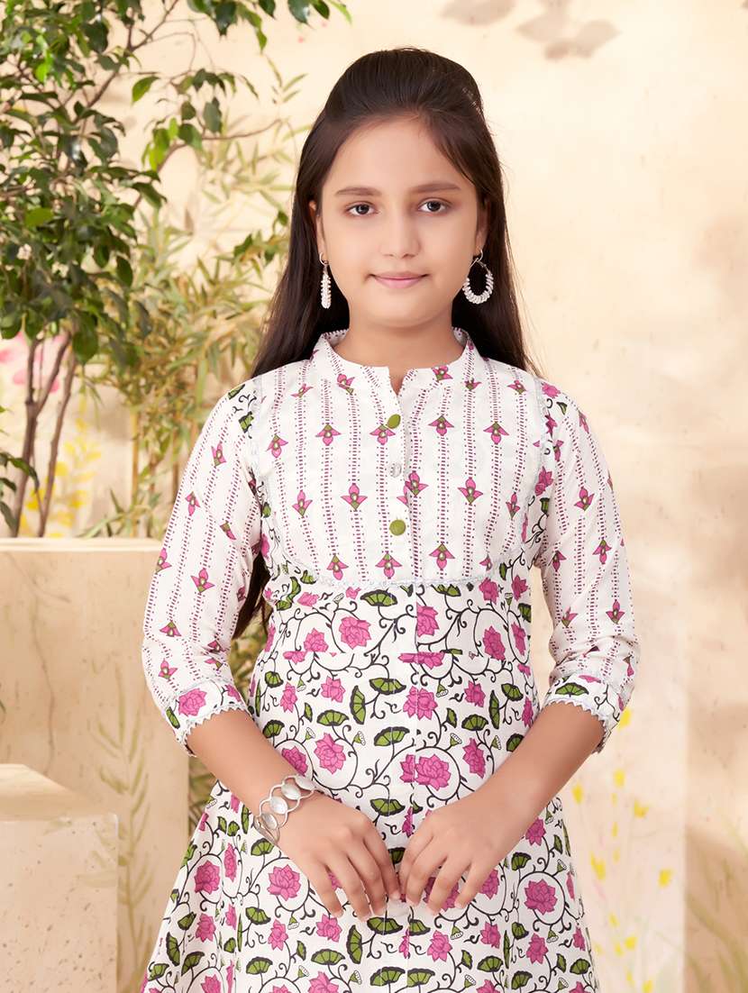 Girls White Cotton Kurta Sharara Suit Set