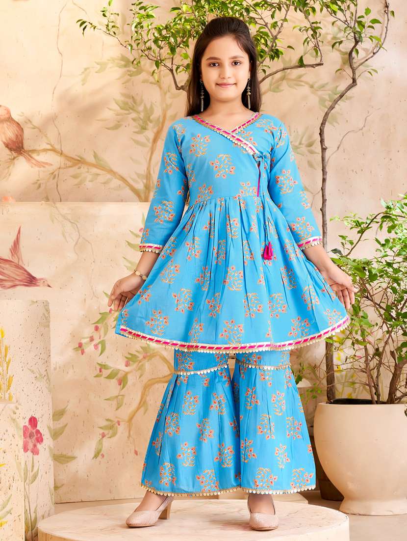 girls blue cotton kurta sharara suit set - 21462649 -  Standard Image - 1