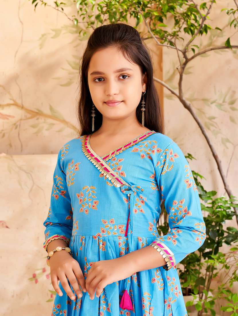 girls blue cotton kurta sharara suit set - 21462649 -  Standard Image - 4