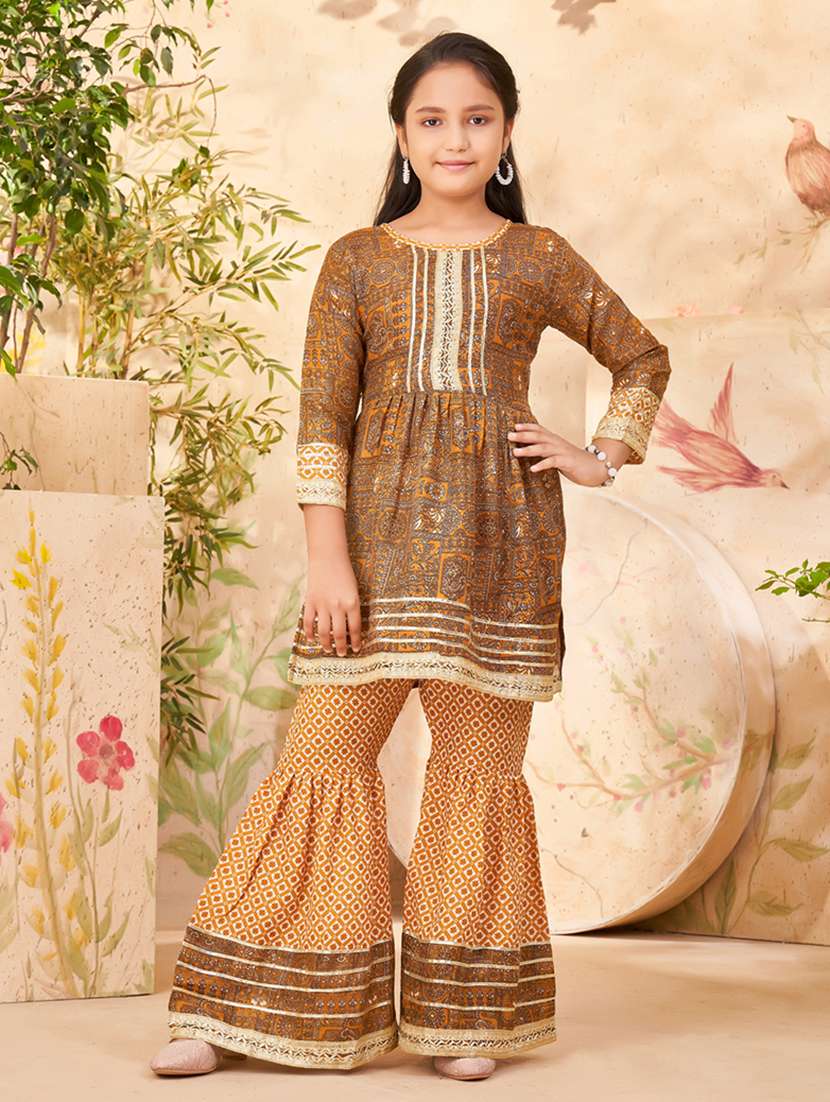girls mustard cotton blend sharara suit set
