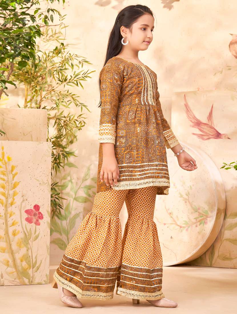 girls mustard cotton blend sharara suit set - 21462653 -  Standard Image - 1