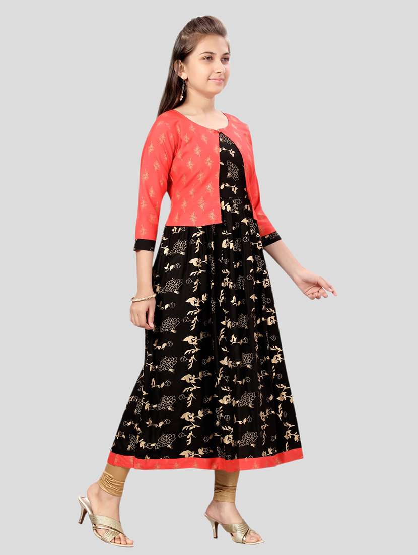 girls black printed flared kurta with jacket - 21462663 -  Standard Image - 1