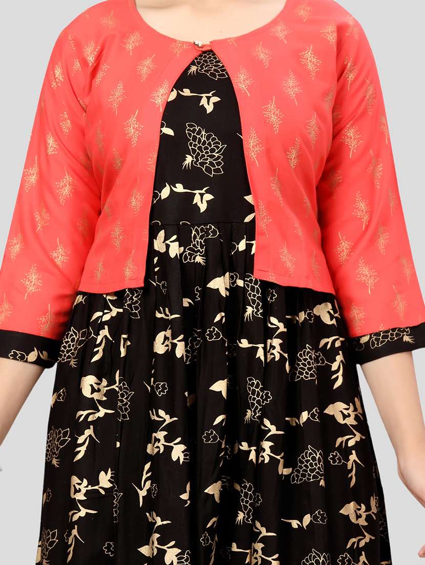 girls black printed flared kurta with jacket - 21462663 -  Standard Image - 4