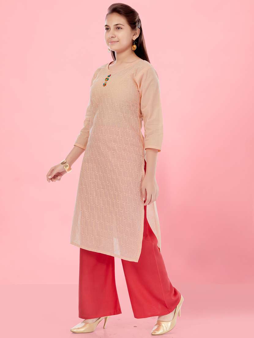 girls peach round neck straight kurta - 21462677 -  Standard Image - 1