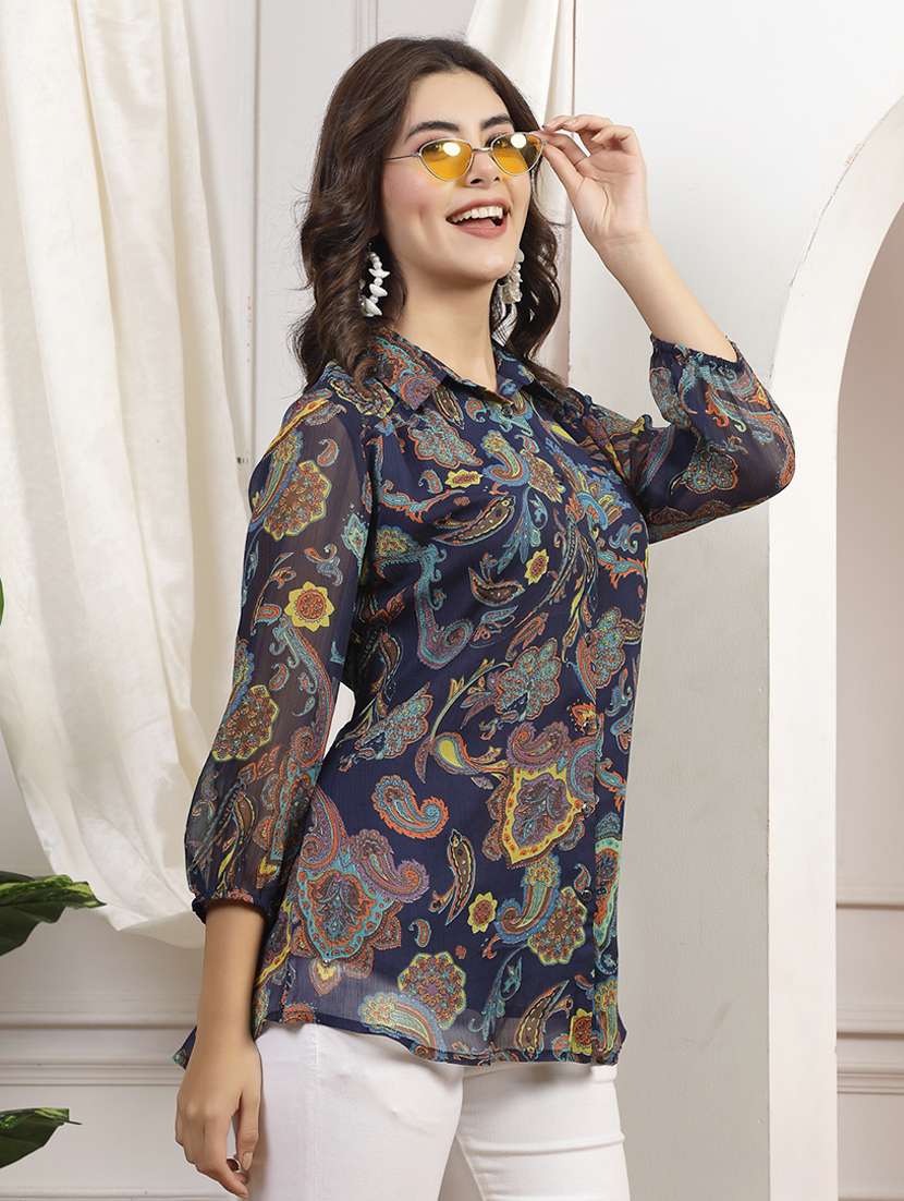 women navy blue printed long sleeves shirt - 21463029 -  Standard Image - 1