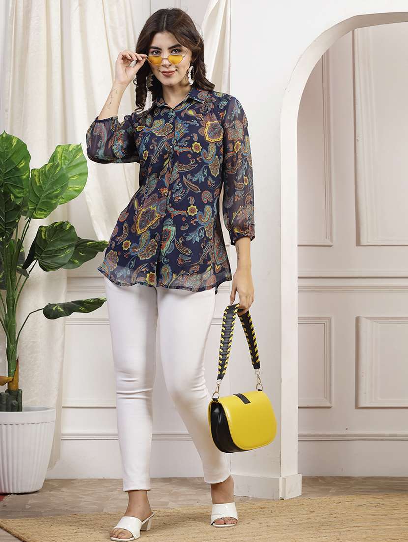 women navy blue printed long sleeves shirt - 21463029 -  Standard Image - 4