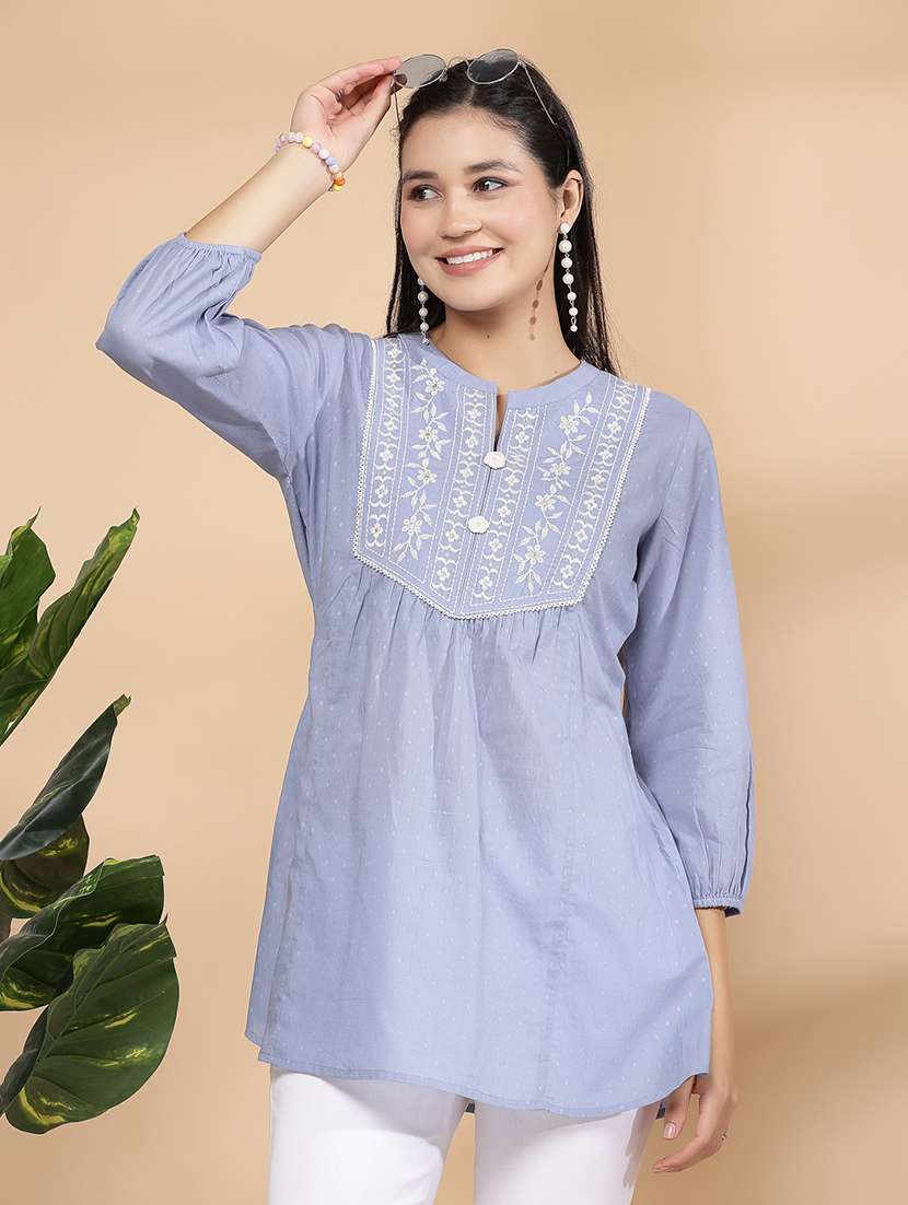 women light blue embroidered a-line kurti - 21463036 -  Standard Image - 1