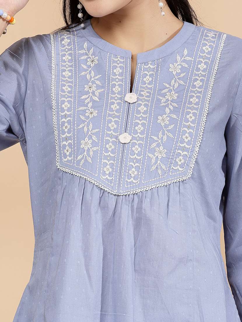 women light blue embroidered a-line kurti - 21463036 -  Standard Image - 4