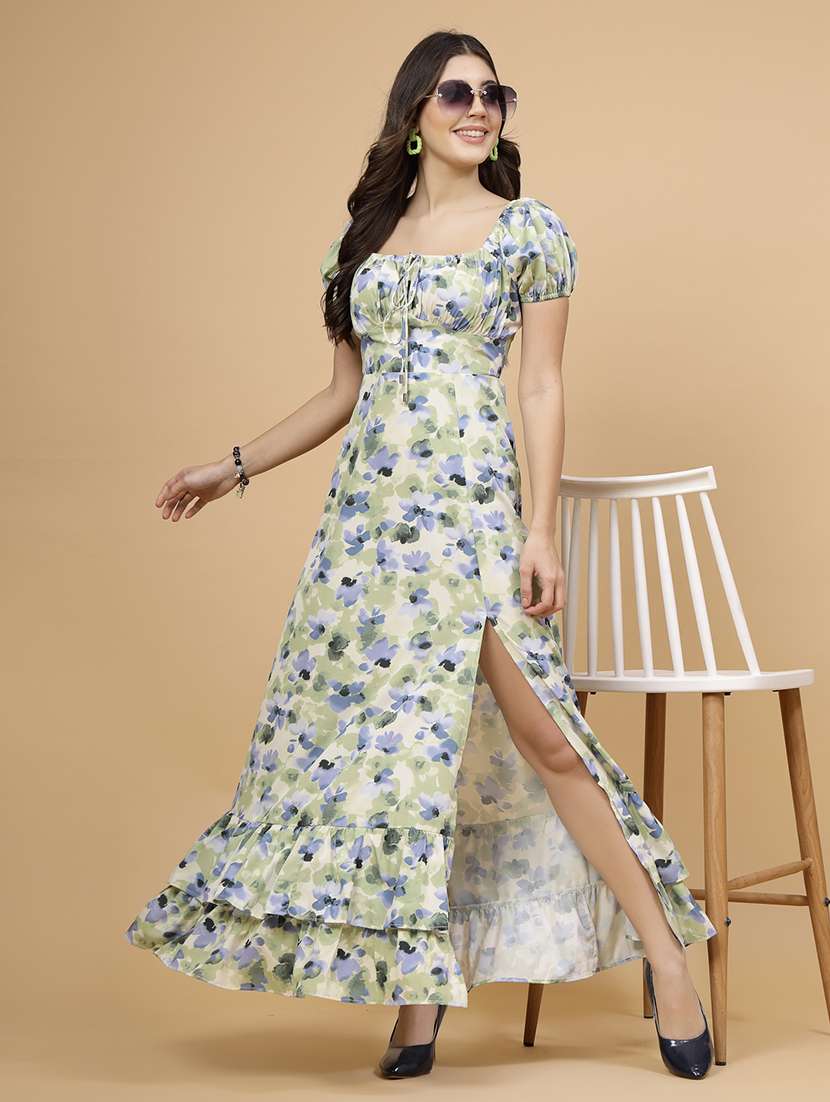 women printed high slit dress