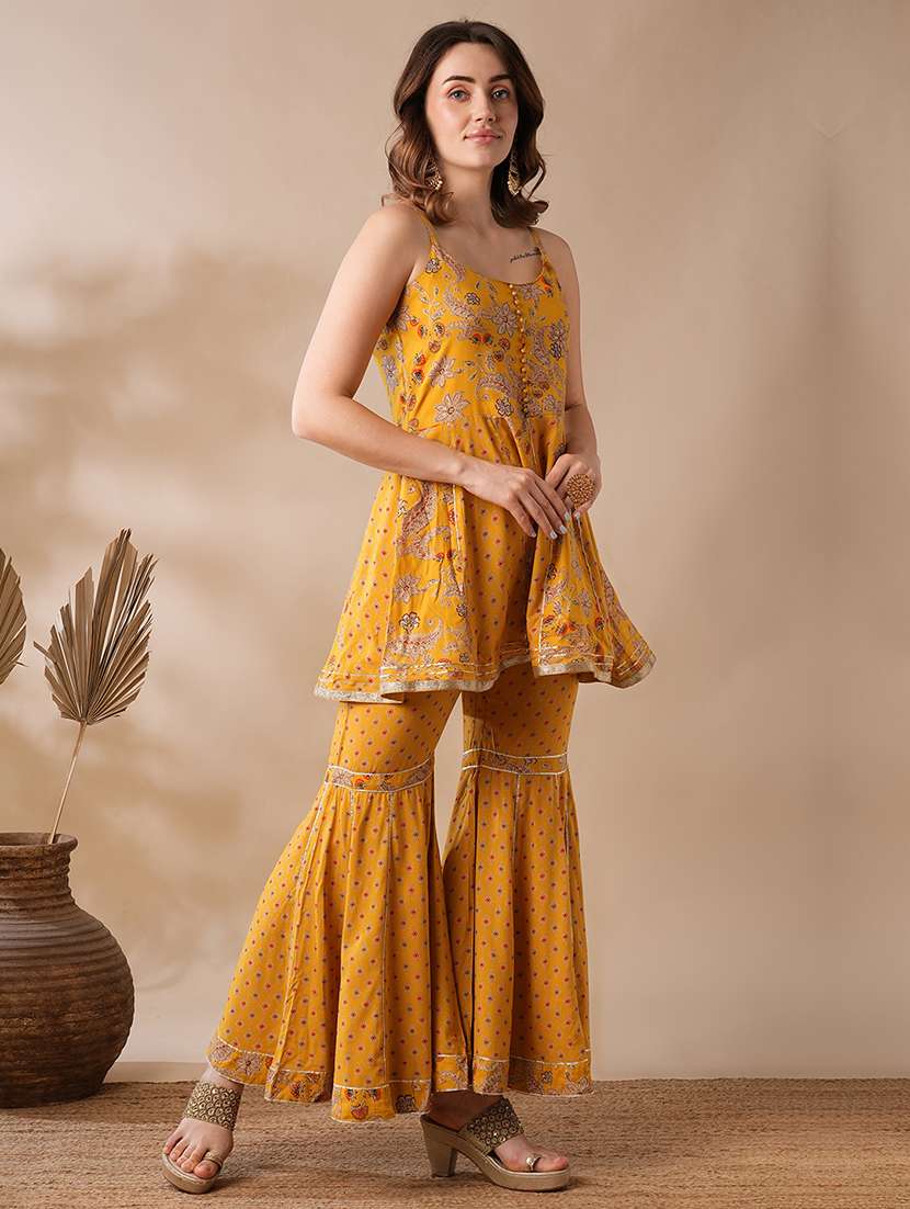 globus women yellow strappy shoulder gold foil floral printed gotta lace tunic & gharara fusion co-ord set - 21463081 - Standard Image - 1