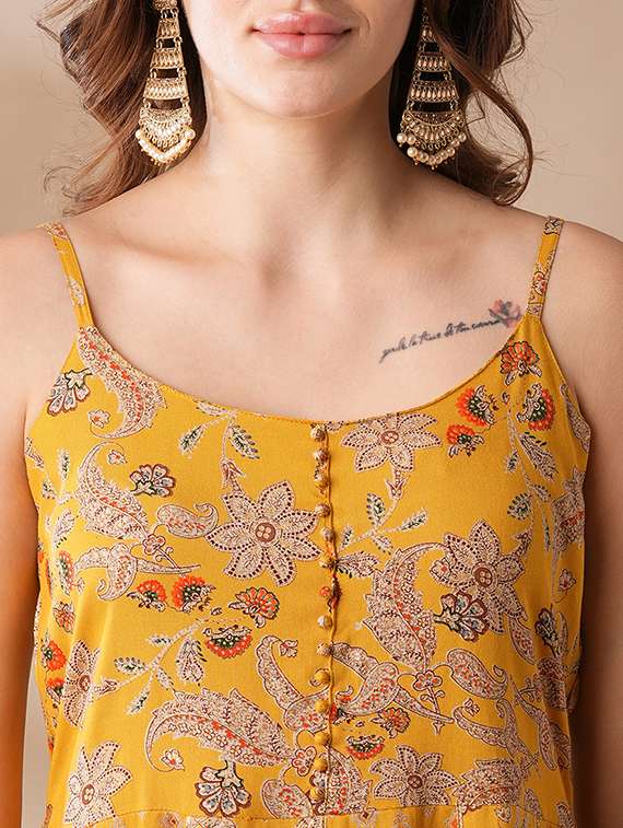 globus women yellow strappy shoulder gold foil floral printed gotta lace tunic & gharara fusion co-ord set - 21463081 - Standard Image - 4