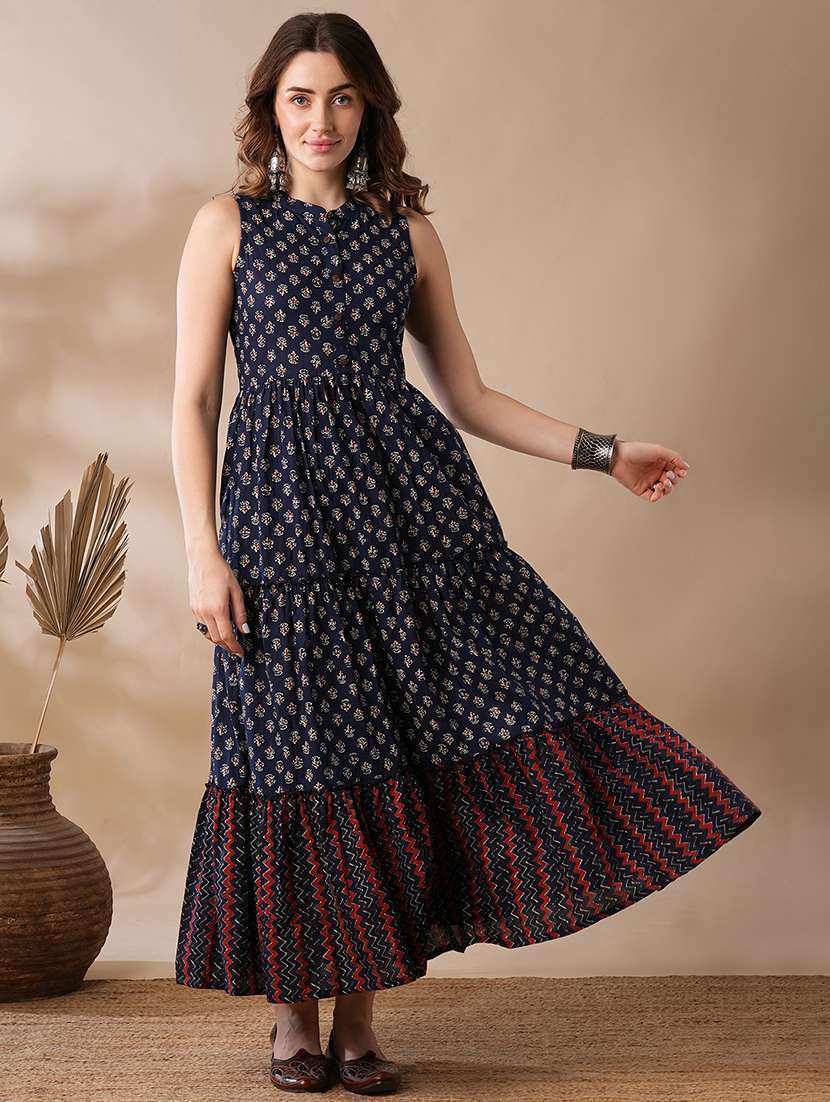 globus women blue ethnic block print mandarin collar flared hem tiered maxi fusion dress