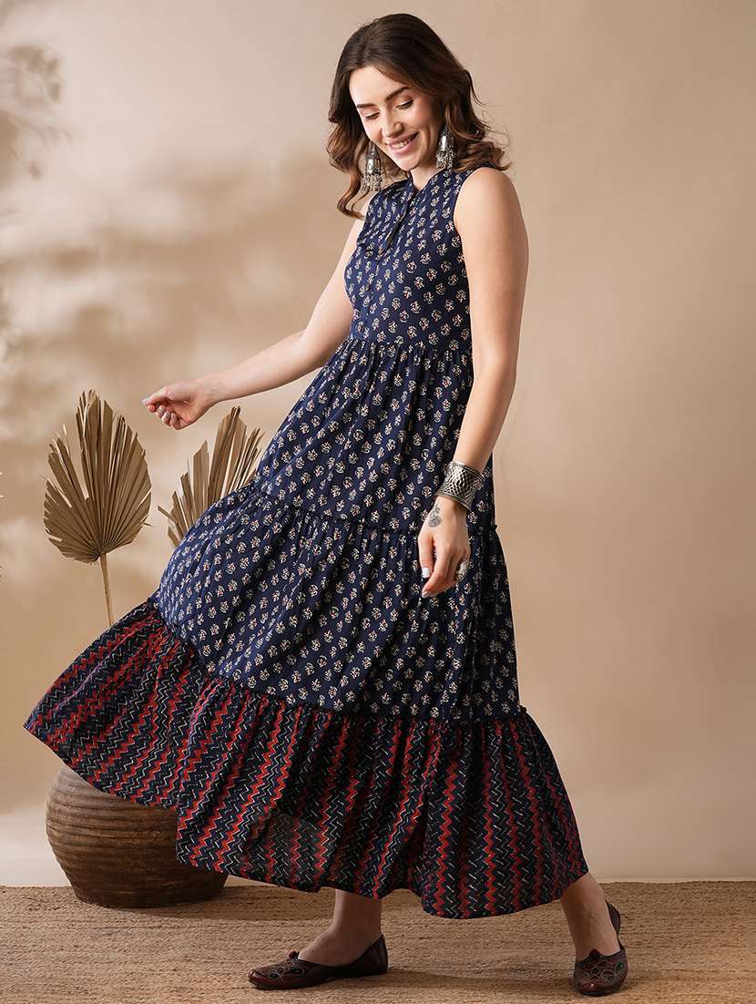 globus women blue ethnic block print mandarin collar flared hem tiered maxi fusion dress - 21463083 -  Standard Image - 1