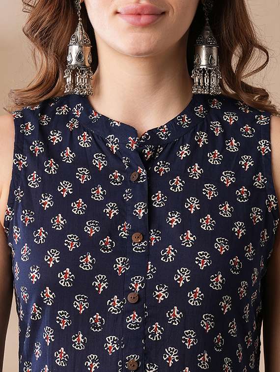 globus women blue ethnic block print mandarin collar flared hem tiered maxi fusion dress - 21463083 -  Standard Image - 4