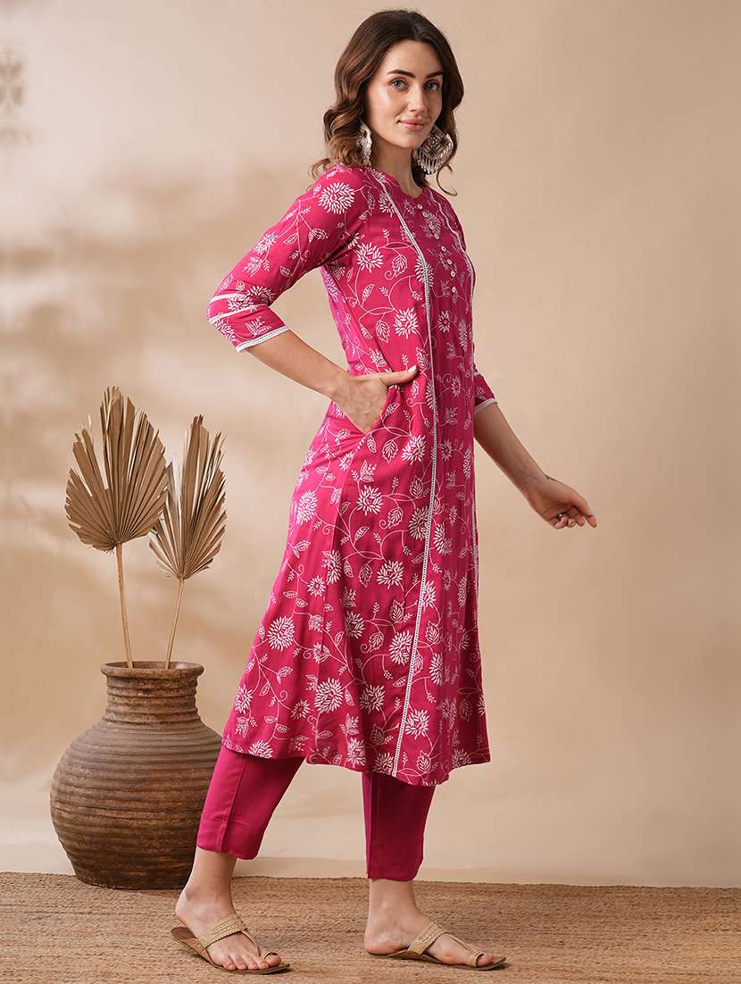 globus women pink floral printed lace inserts panelled a-line workwear kurta & elasticated pants set - 21463090 -  Standard Image - 1