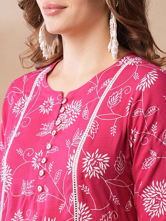 globus women pink floral printed lace inserts panelled a-line workwear kurta & elasticated pants set - 21463090 -  Standard Image - 4