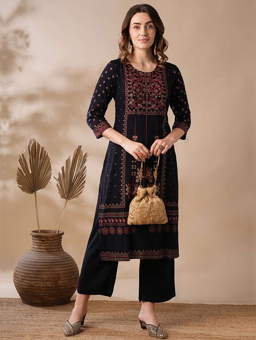 globus women black kashmiri gold foil floral print yoke straight festive kurta & elasticated pants set