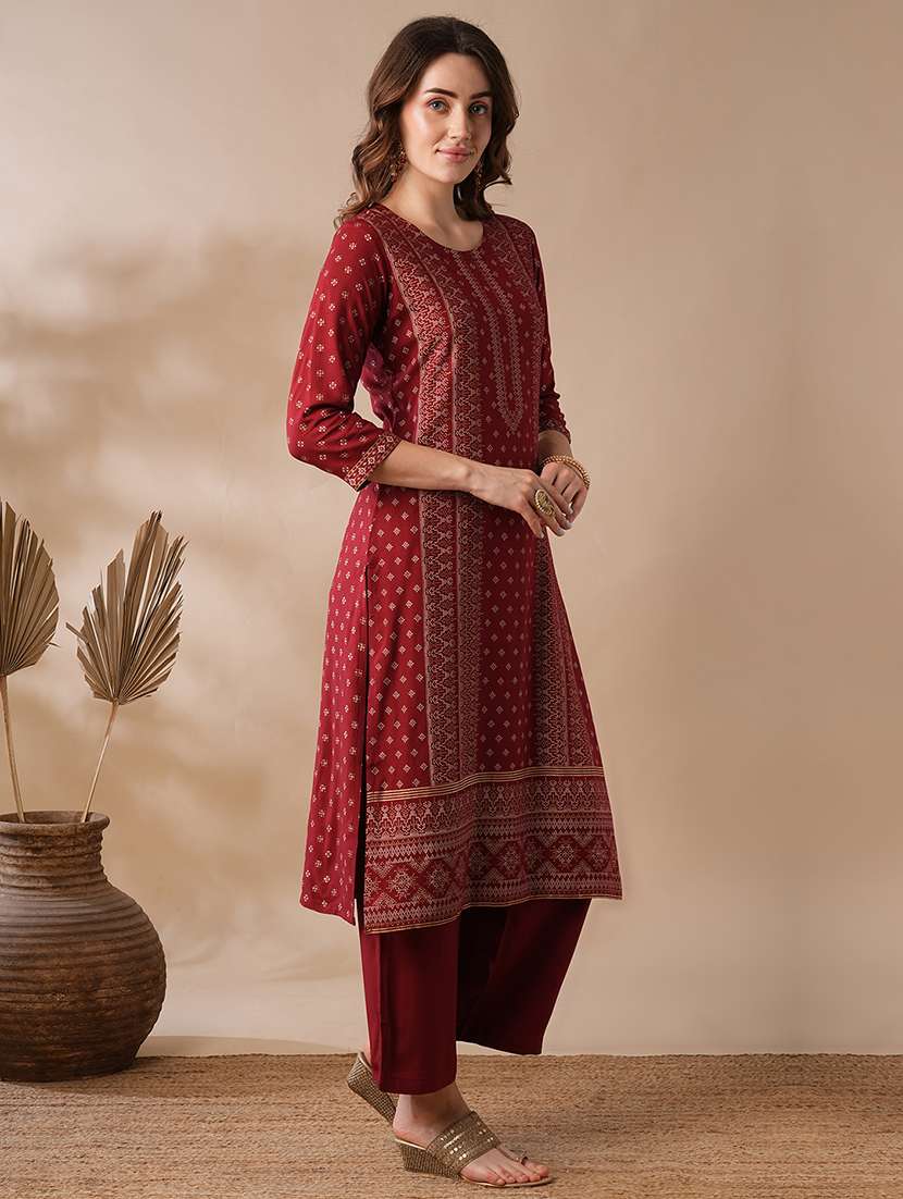 globus women maroon round neck ethnic motifs gold foil print straight workwear kurta & elasticated pants set - 21463092 -  Standard Image - 1
