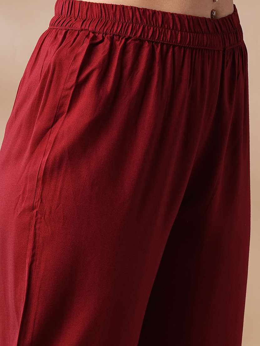 globus women maroon round neck ethnic motifs gold foil print straight workwear kurta & elasticated pants set - 21463092 - Standard Image - 4