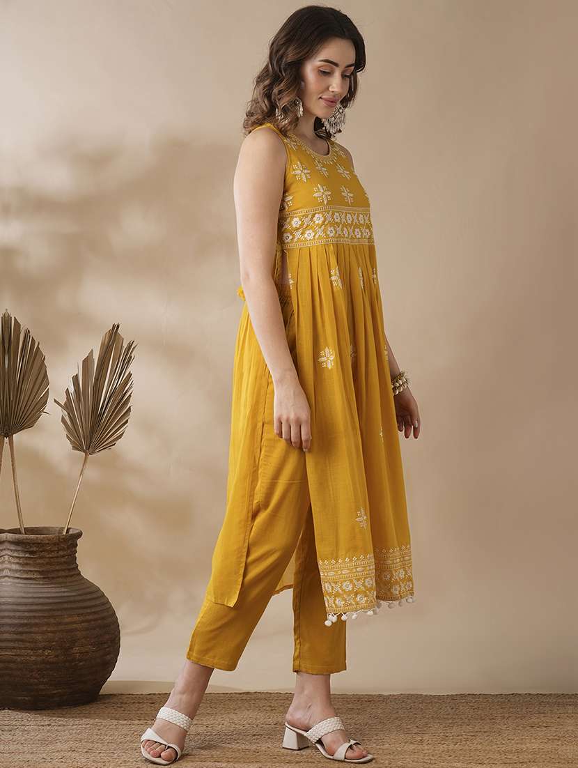 globus women mustard floral embroidered pleated high-slit pom pom hem a-line festive kurta & pants set - 21463095 -  Standard Image - 1