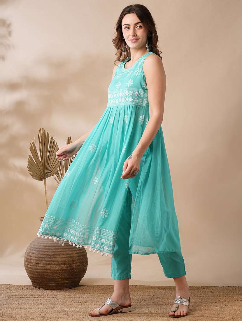 globus women blue floral embroidered pleated high-slit pom pom hem a-line festive kurta & pants set - 21463096 -  Standard Image - 1