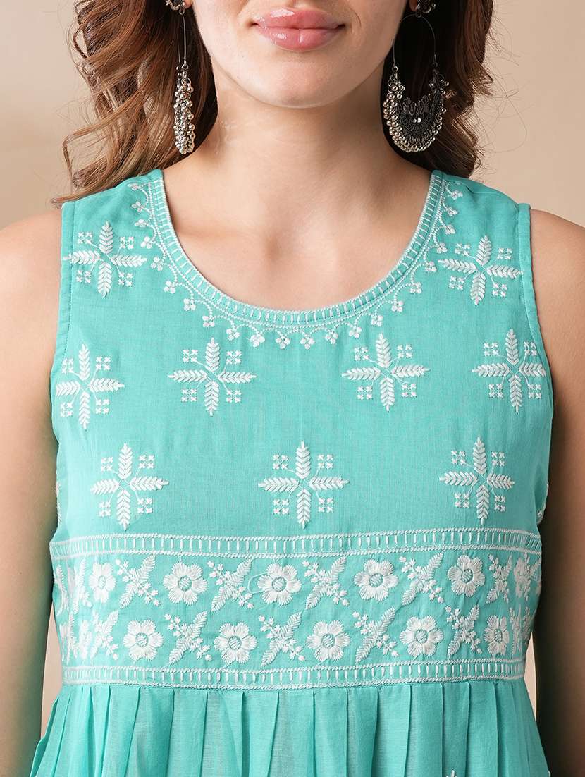 globus women blue floral embroidered pleated high-slit pom pom hem a-line festive kurta & pants set - 21463096 -  Standard Image - 4