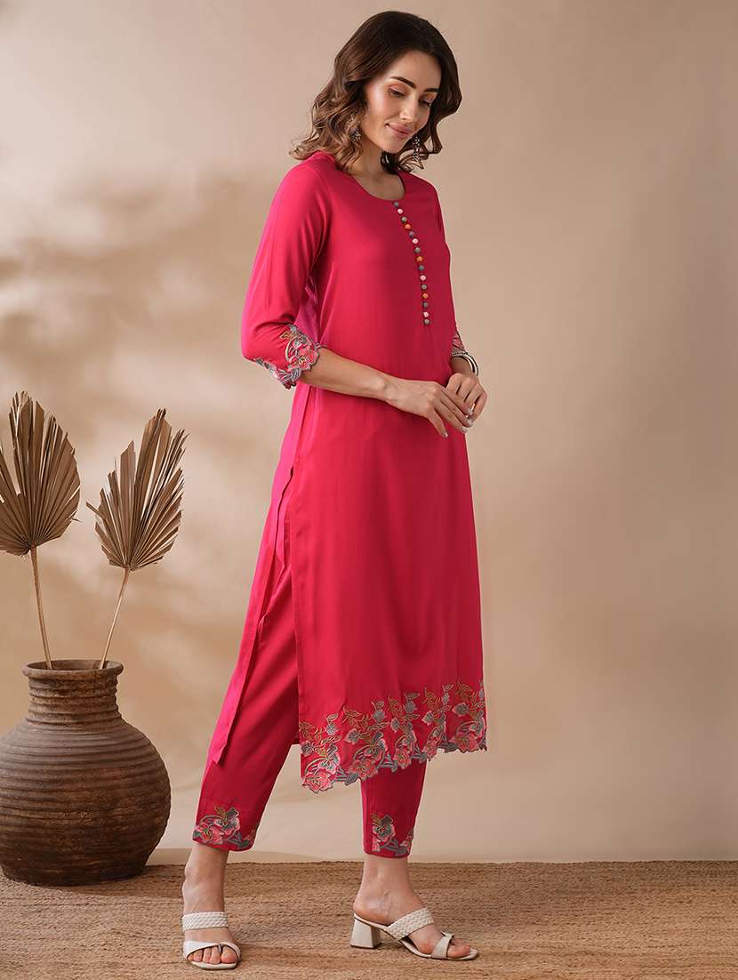 globus women pink potli button floral scalloped hem straight workwear kurta & elasticated pants set - 21463097 -  Standard Image - 1