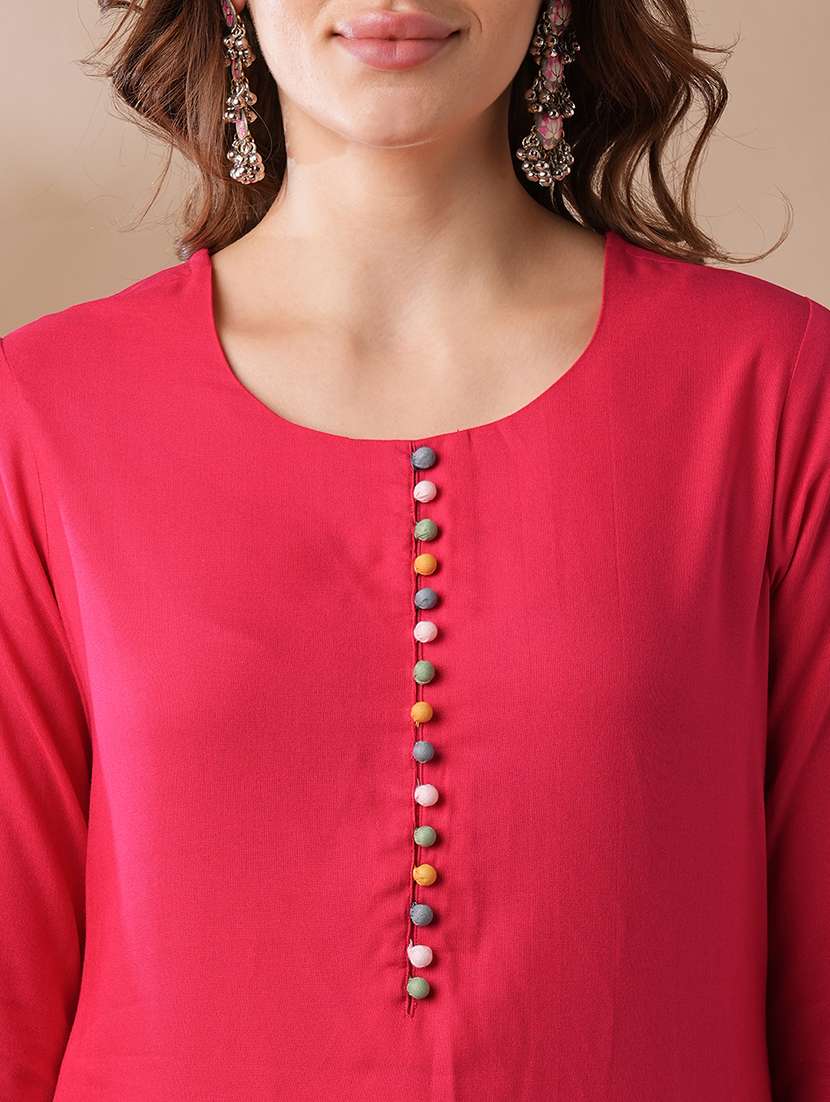 globus women pink potli button floral scalloped hem straight workwear kurta & elasticated pants set - 21463097 -  Standard Image - 4