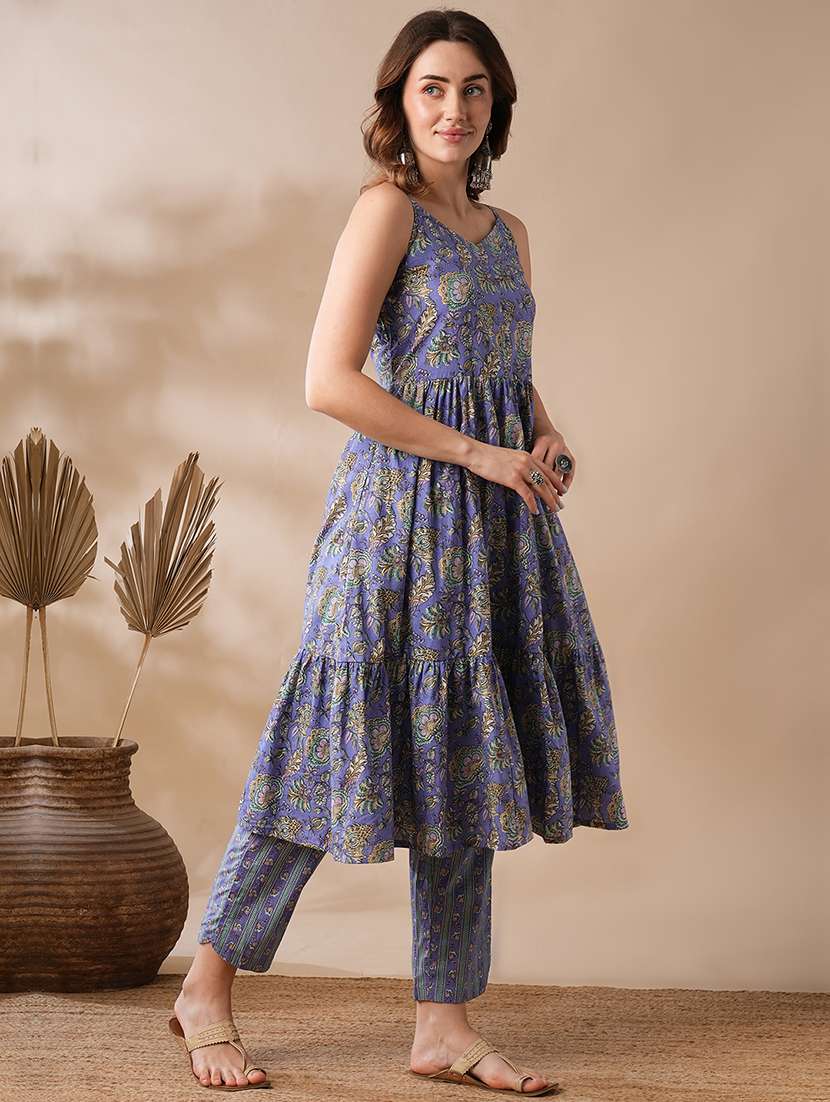 globus women purple v-neck strappy shoulder mix & match floral print tiered fusion a-line kurta & pants set - 21463099 -  Standard Image - 1