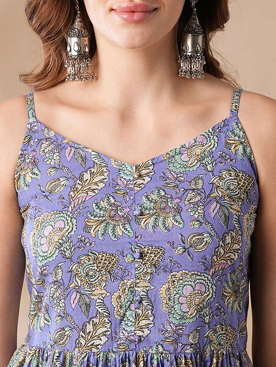 globus women purple v-neck strappy shoulder mix & match floral print tiered fusion a-line kurta & pants set - 21463099 -  Standard Image - 4