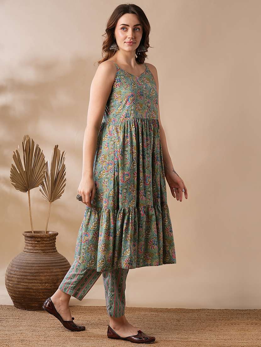 globus women green v-neck strappy shoulder mix & match floral print tiered fusion a-line kurta & pants set - 21463100 -  Standard Image - 1