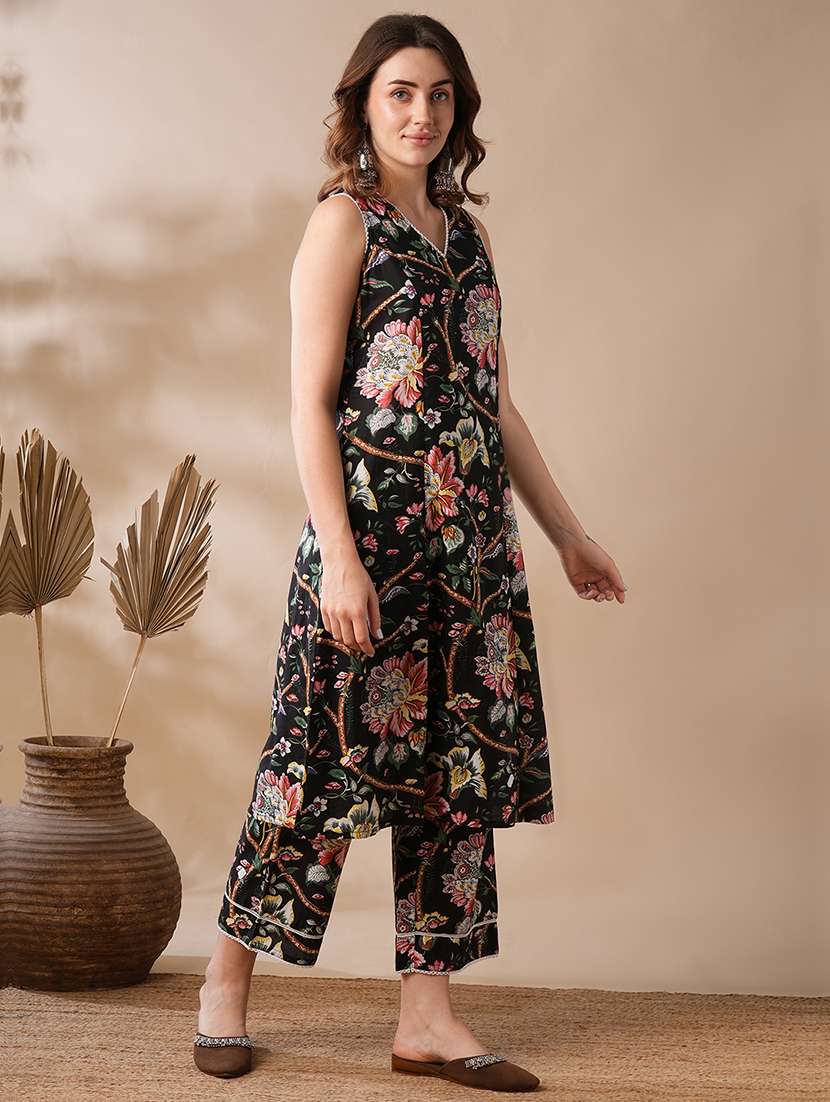 globus women black lace insert v-neck vibrant floral print a-line festive kurta & elasticated pants set - 21463101 -  Standard Image - 1