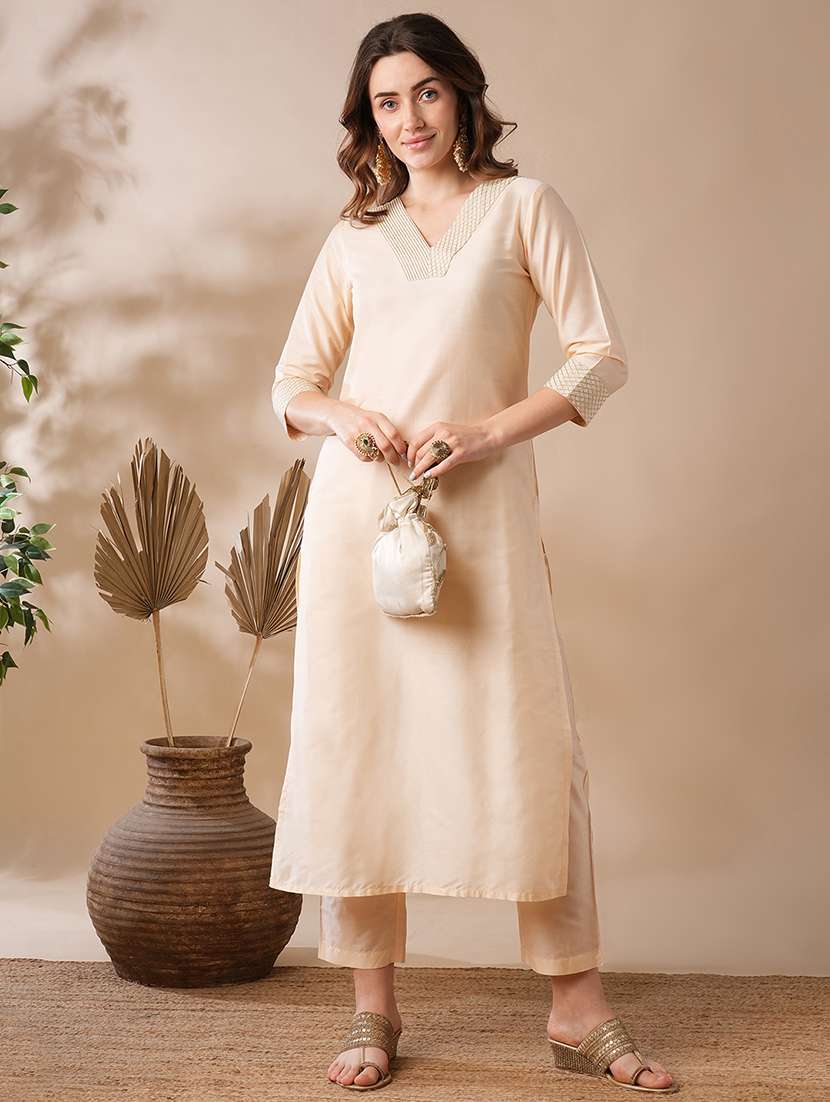 globus women off white silver zari embroidered v-neck straight workwear kurta & elasticated pants set