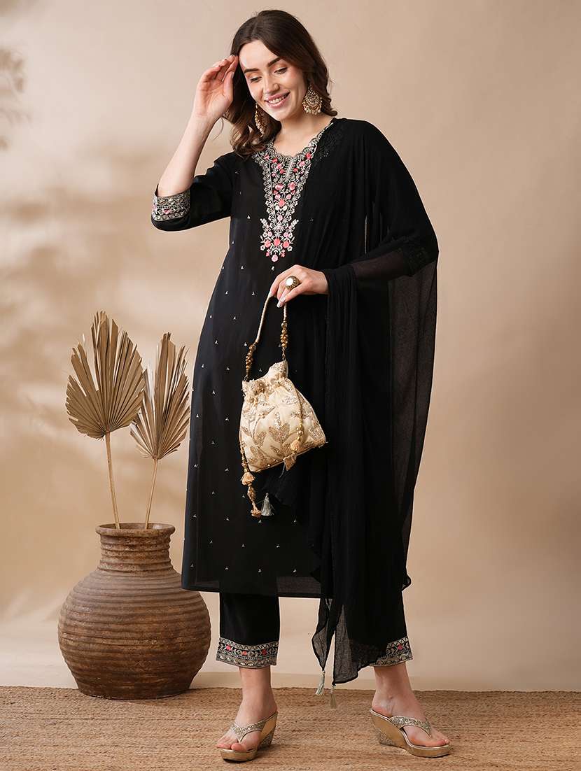 globus women black scalloped round neck floral embroidered sequinned straight festive kurta with pants & dupatta set