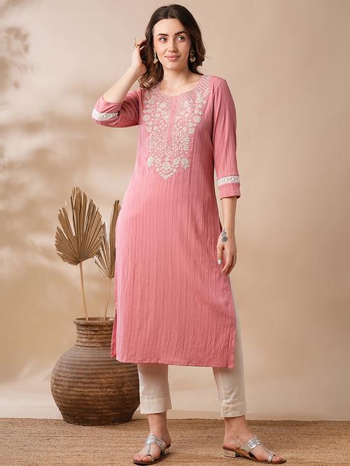 globus women pink sequinned & floral embroidered yoke structured fabric straight workwear kurta - 21463106 -  Standard Image - 0