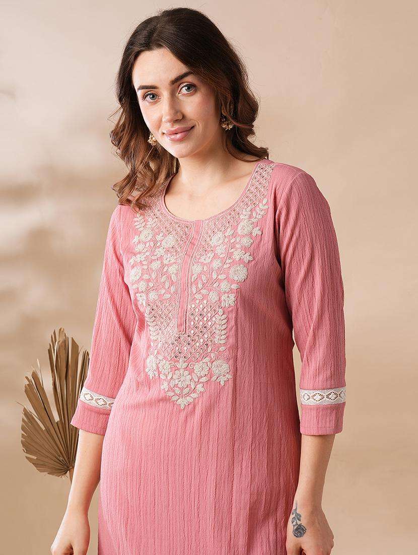 globus women pink sequinned & floral embroidered yoke structured fabric straight workwear kurta - 21463106 -  Standard Image - 1