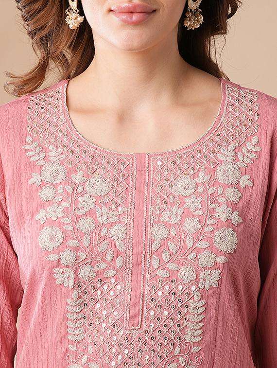 globus women pink sequinned & floral embroidered yoke structured fabric straight workwear kurta - 21463106 -  Standard Image - 4